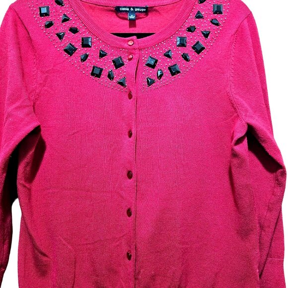 Embellished Red Cardigan Sweater By Cable & Gauge With Black‎ Gems & 3/4 Sleeves - Picture 5 of 9